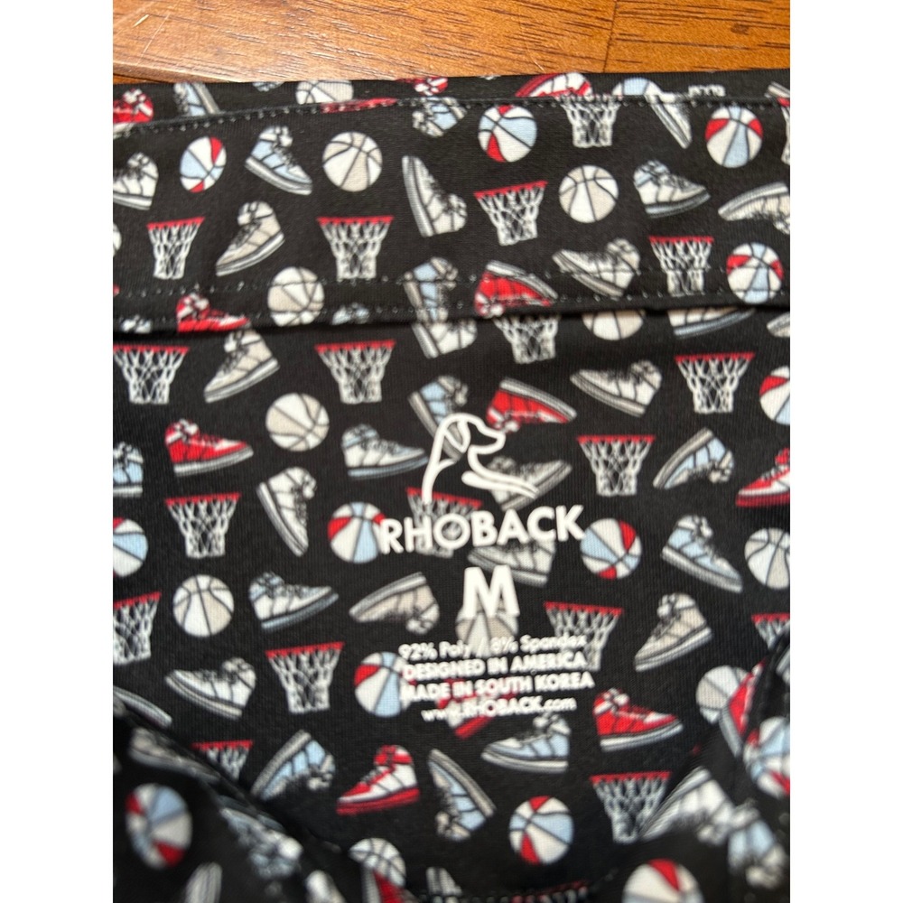 Rhoback Polo Shirt Mens Medium Black Basketball Print Performance Short Sleeve - Picture 2 of 9